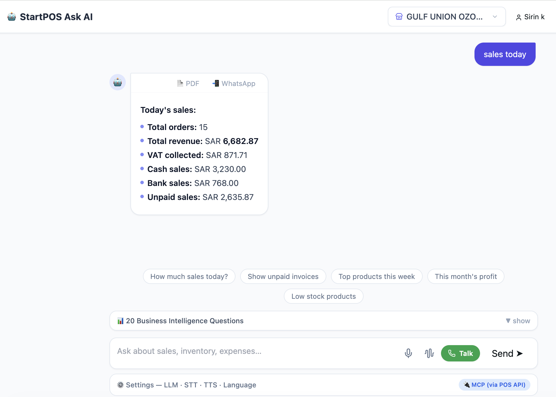 StartPOS AI Business Intelligence — ask your business anything