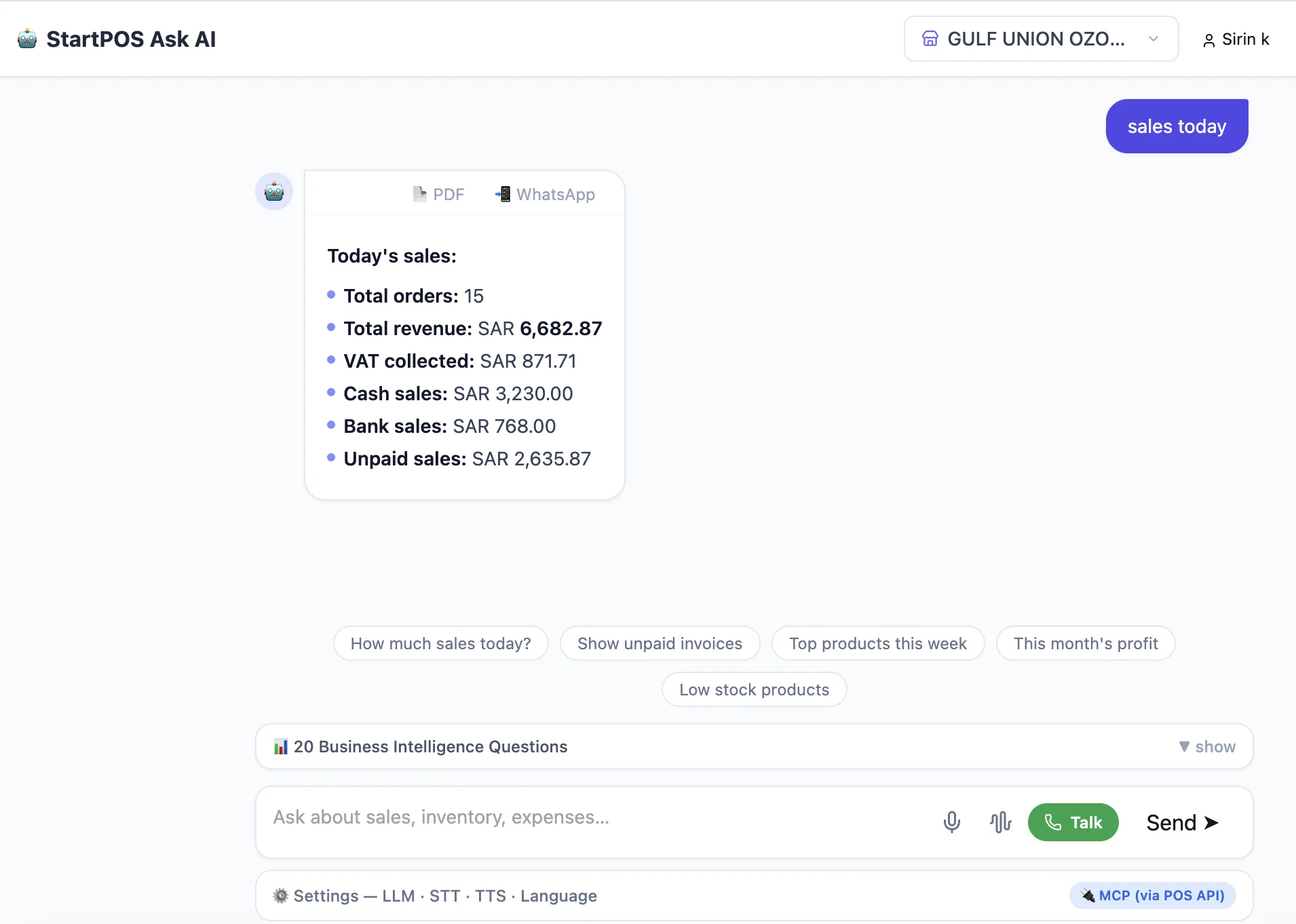 StartPOS AI Business Intelligence — ask your business anything
